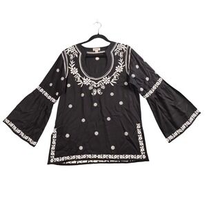 Escapada Tunic Top Women Size M Black White Embroidered Bell Sleeve Rayon Boho